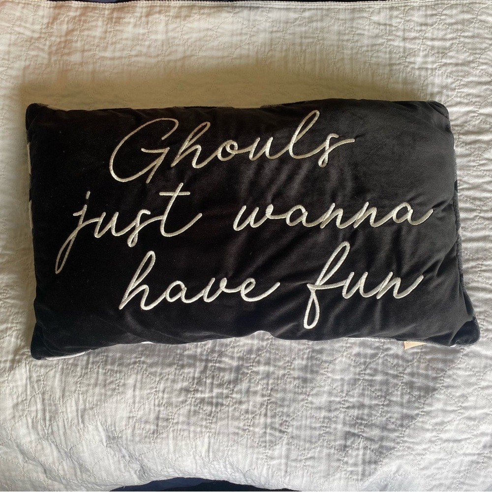 Stratford Home-Pillow 12X22 black velvet embroidered-Ghouls just wanna have fun